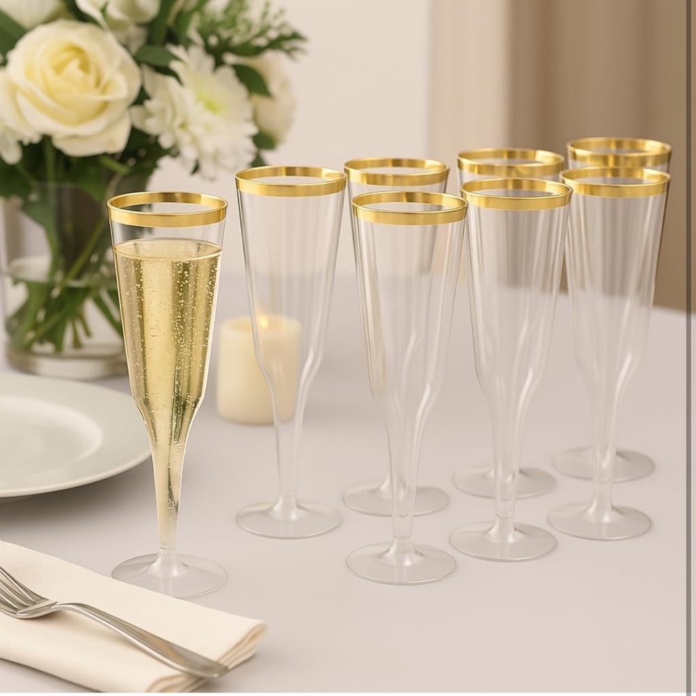Plastic Elegant Gold Rim Champagne Flutes 30 Set New